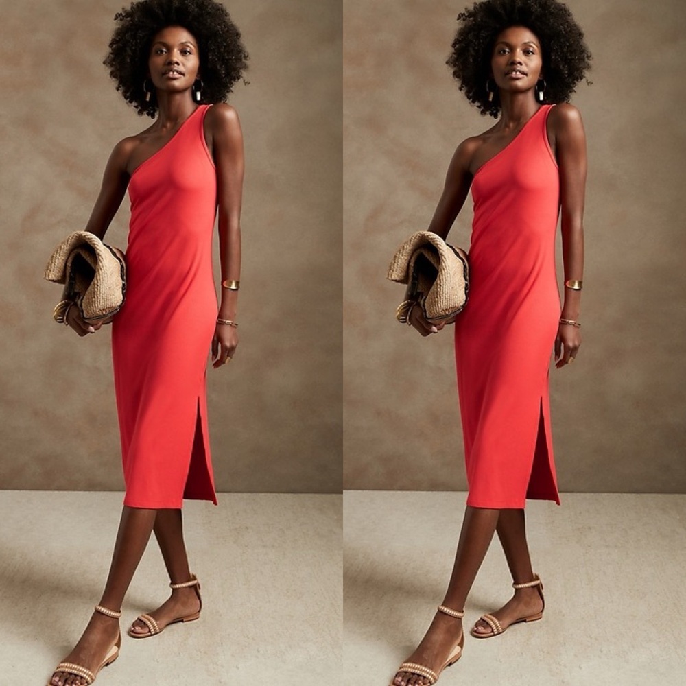 Banana Republic | Tall Poppy Red One Shoulder Ribbed Midi Dress